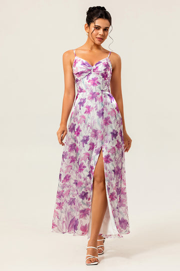 Purple Floral Printed Spaghetti Straps A Line Wedding Guest Dress